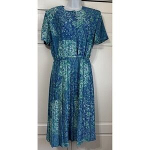Vintage Y2K Leslie Fay  Women Floral Pleated Short Sleeve Secretary Dress Sz 10